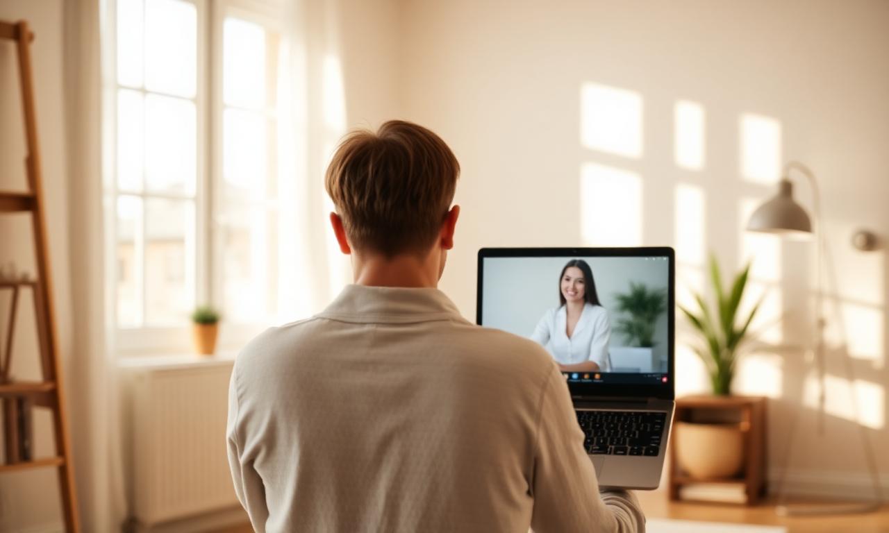 A person in an online session with a psychologist in a quiet, bright room